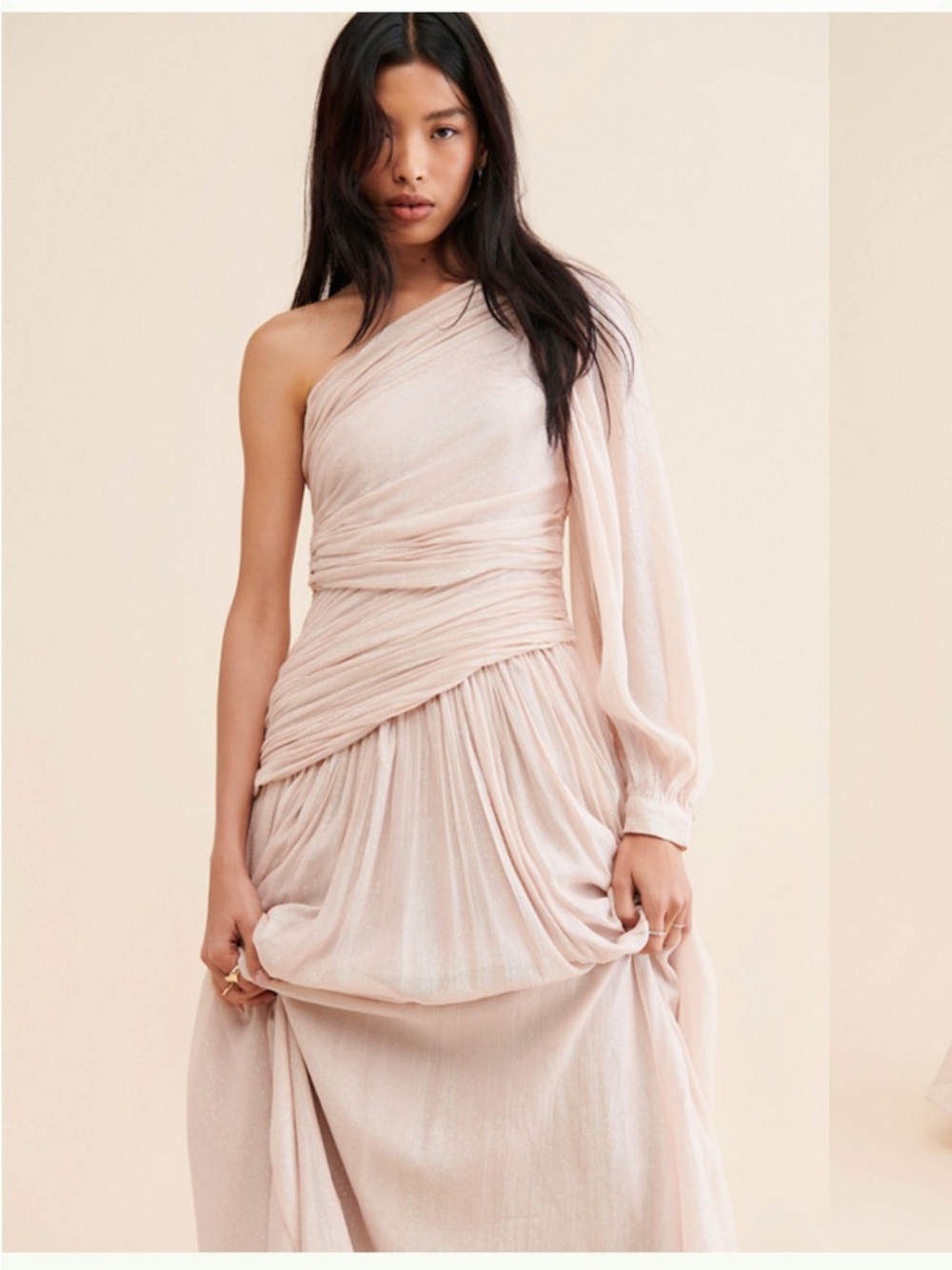 BHLDN Jade Metallic One-Shoulder Asymmetrical-Waist Gown Size 10 - Picture 2 of 12